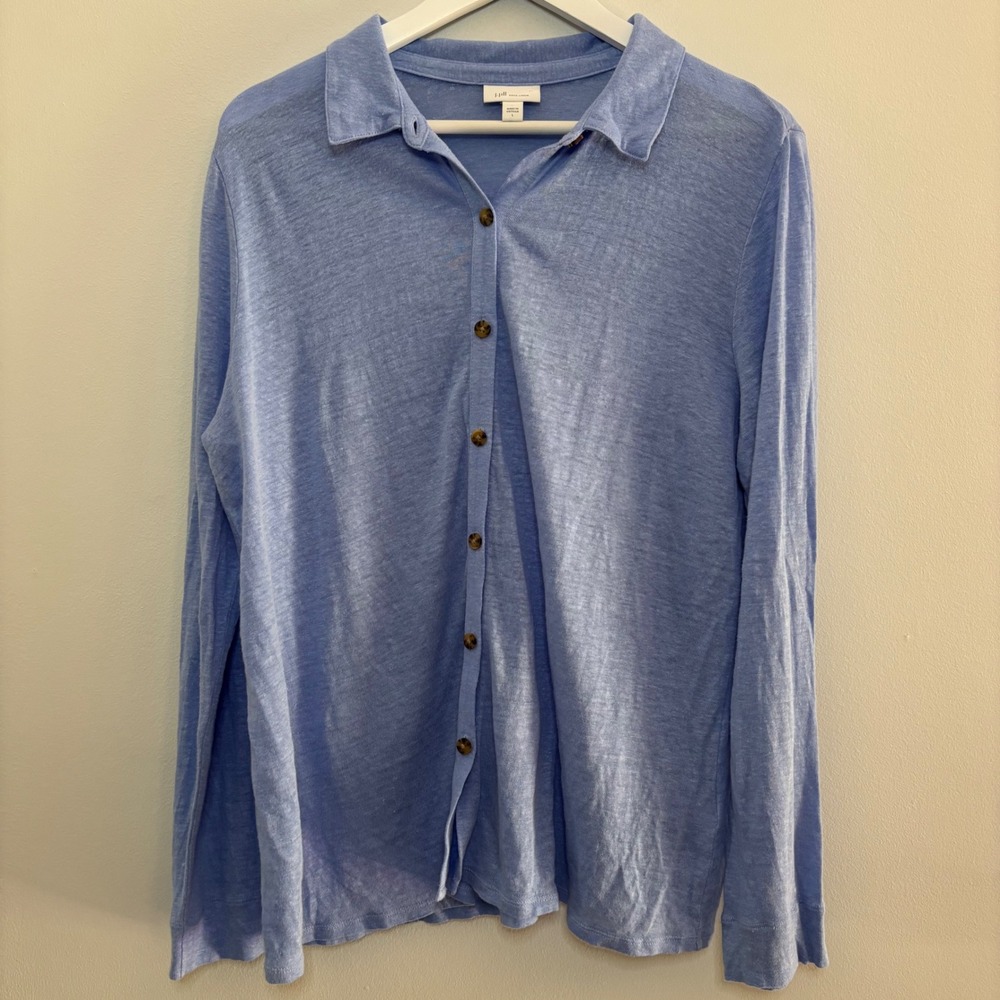 J. Jill Love Linen Cardigan Sweater Women L Blue Quiet Luxury 100%‎ Linen Chic